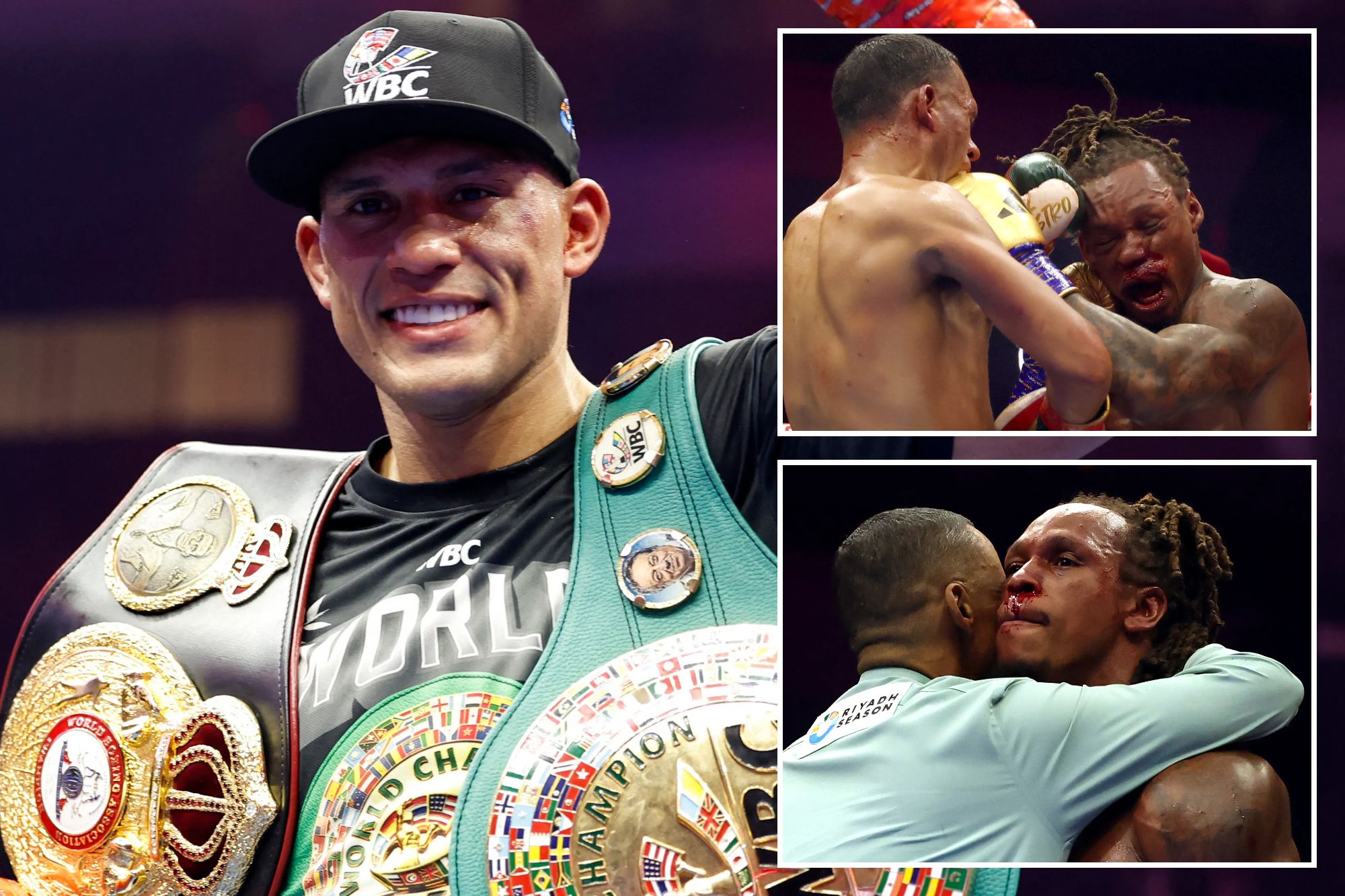 An image collage containing 3 images, Image 1 shows David Benavidez celebrating his victory by holding up his championship belts, Image 2 shows Ring IV: Night of the Champions - Fight Night, Image 3 shows Referee Hector Afu stops the fight by embracing Anthony Yarde, whose nose is bleeding