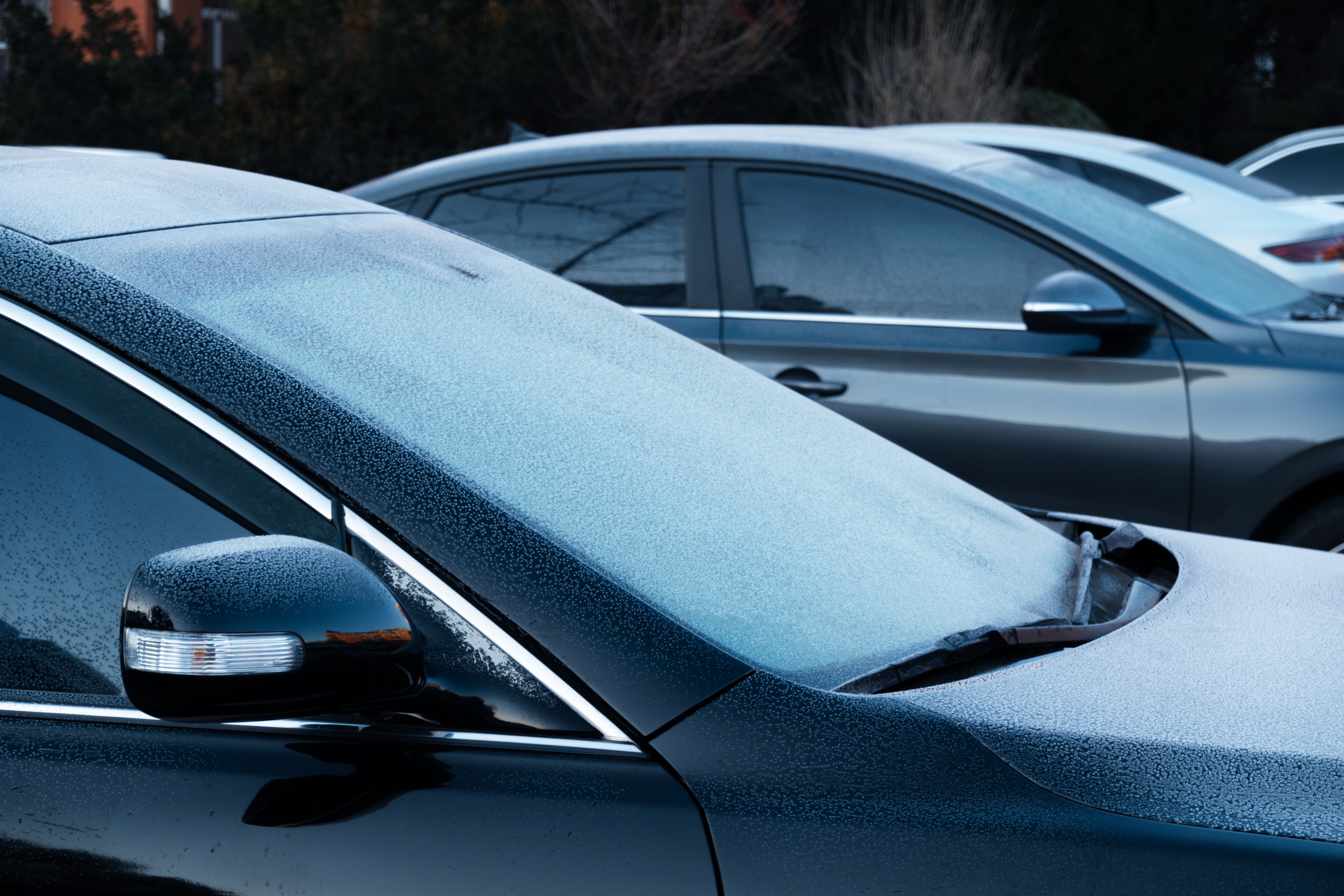 A car's windshield and hood covered in frost.