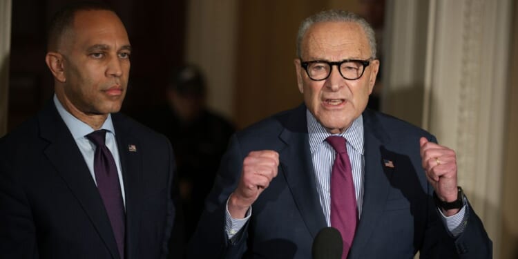 Senate Minority Leader Chuck Schumer and House Minority Leader Hakeem Jeffries brief members of the press during a news conference on the government shutdown at the U.S. Capitol on Oct. 16, 2025, in Washington, D.C.