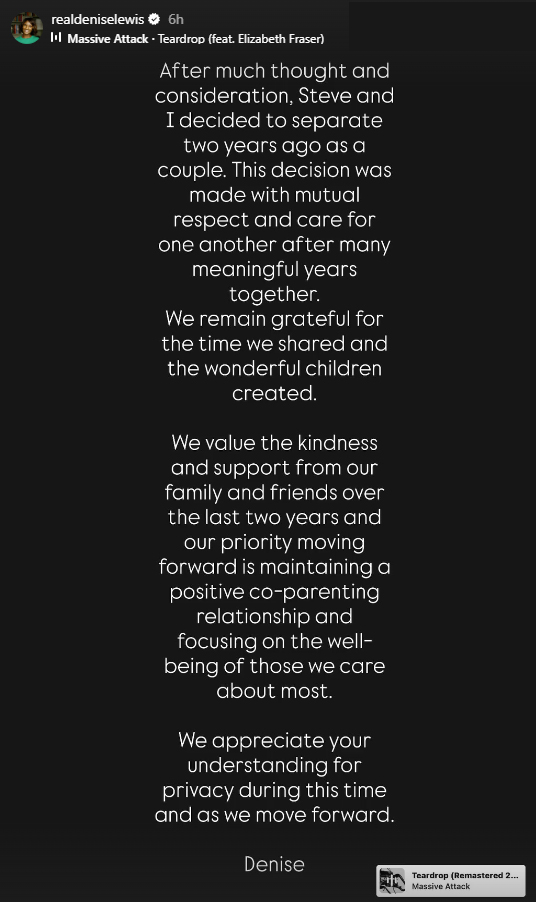 A text post by Denise Lewis announcing her separation from Steve, emphasizing mutual respect, co-parenting, and gratitude for support.