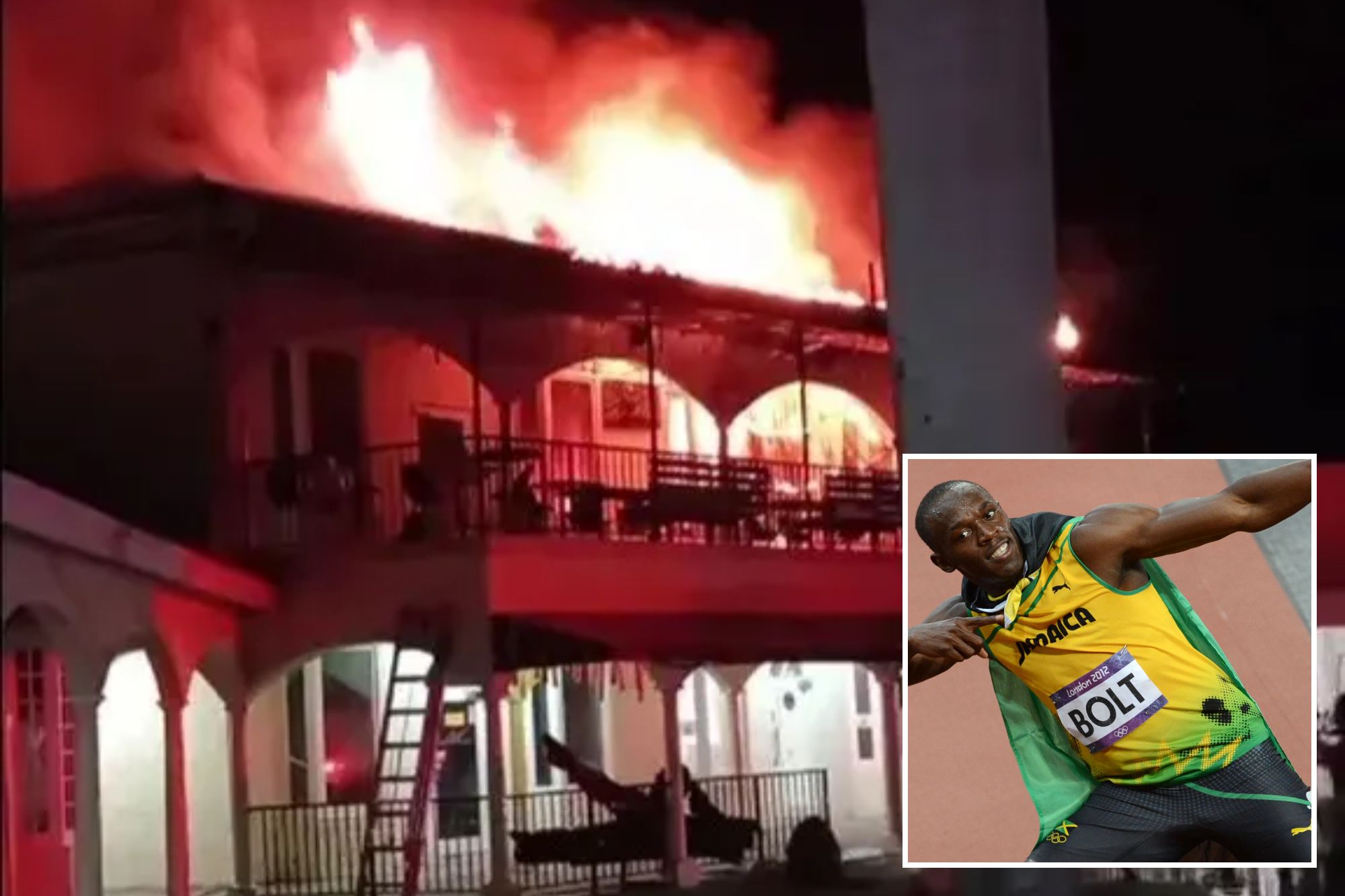 An image collage containing 2 images, Image 1 shows Tracks and Records Montego Bay restaurant on fire at night, Image 2 shows Usain Bolt celebrates with Justin Gatlin after winning the men's 100m final