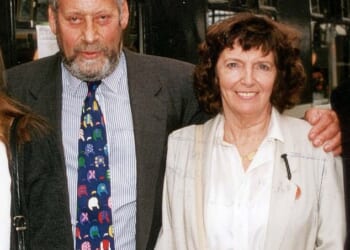 Sir Clement Freud (left) pictured with his wife, Lady Jill, celebrating his birthday in 1997