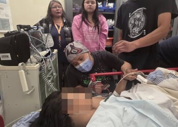 A young girl is in the hospital (pictured) with 100 stitches after a grizzly bear attacked her on a school trip in Canada, her grandmother revealed