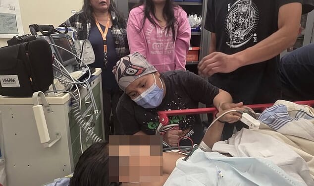 A young girl is in the hospital (pictured) with 100 stitches after a grizzly bear attacked her on a school trip in Canada, her grandmother revealed