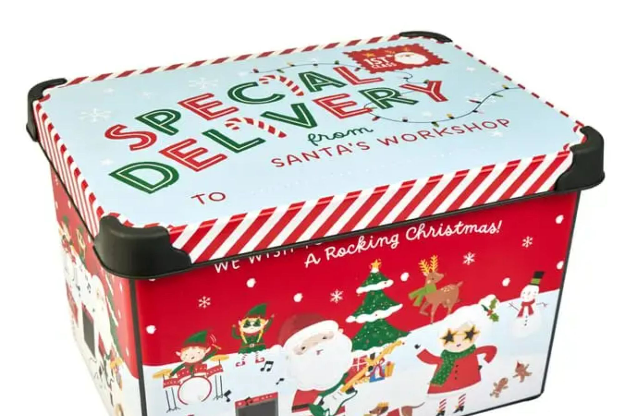 An image collage containing 1 images, Image 1 shows Illustration of a "Special Delivery From Santa's Workshop" Christmas Eve box with musical characters