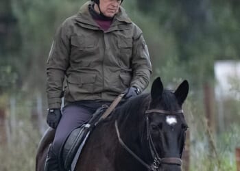 The disgraced 65-year-old, who was accompanied by a female companion, looked downcast as they took the horses out for a ride.