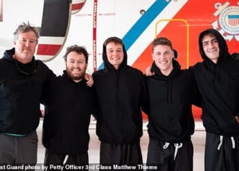 Five stranded sailors (pictured) were rescued by the US Coast Guard hundreds of miles off the coast of North Carolina on Thursday, specifically about 260 nautical miles off Cape Hatteras