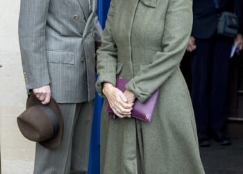 Sophie, Duchess of Edinburgh and Prince Edward, Duke of Edinburgh, pose for photographs after reopening the Royal Box at Newbury Racecourse