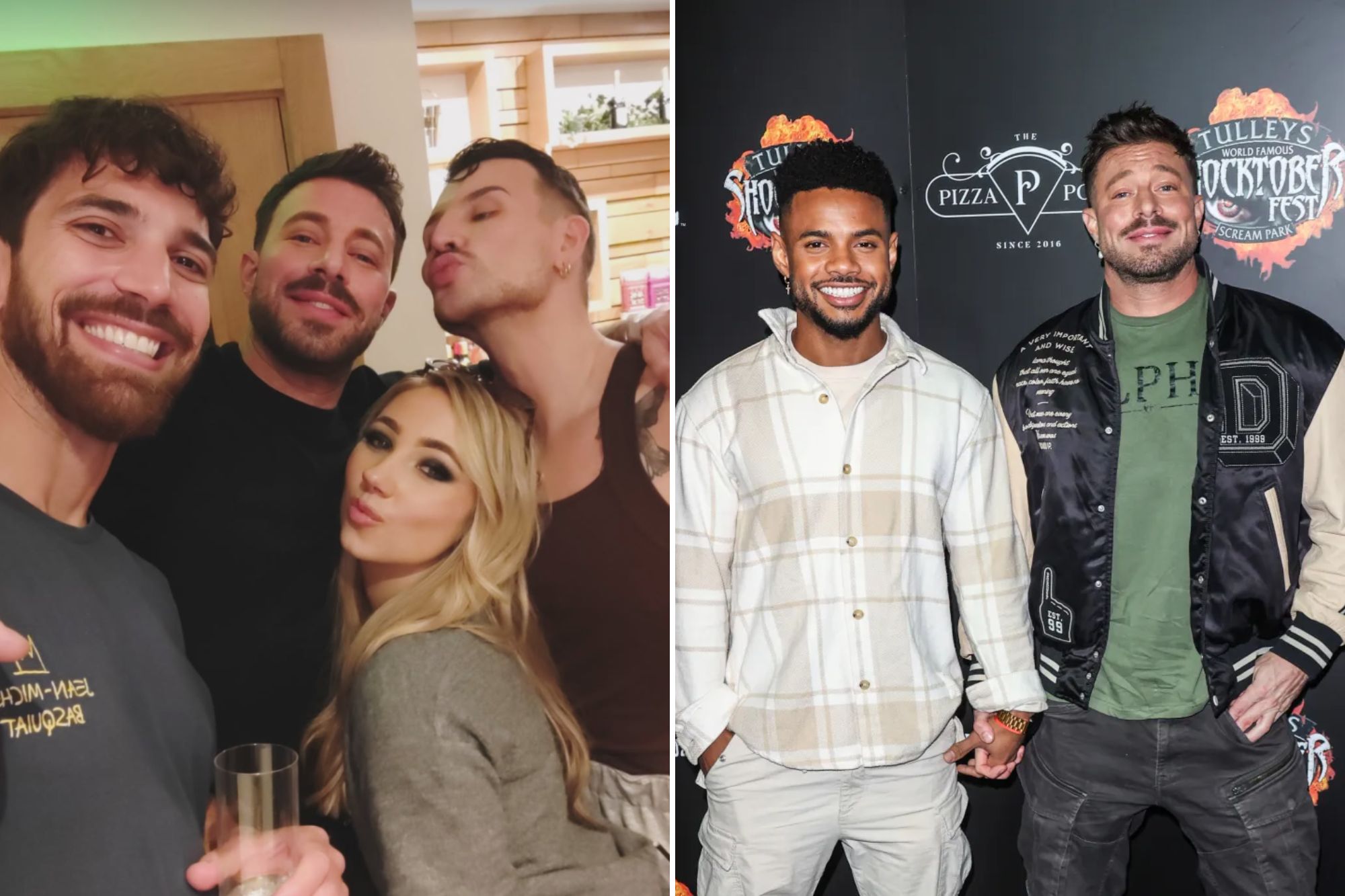 An image collage containing 2 images, Image 1 shows Duncan James and new boyfriend with friends, Image 2 shows Duncan James and Rodrigo Reis attending the opening night of Tulley's Shocktober Fest