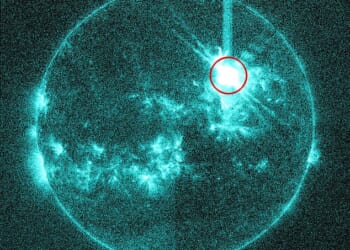 A powerful X5.1-class flare, capable of disrupting satellites, high-frequency radio and high-altitude flights, burst from the sun today