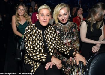 Ellen DeGeneres (left) and her wife Portia de Rossi (right) moved to England a year ago, putting the blame firmly on Donald Trump
