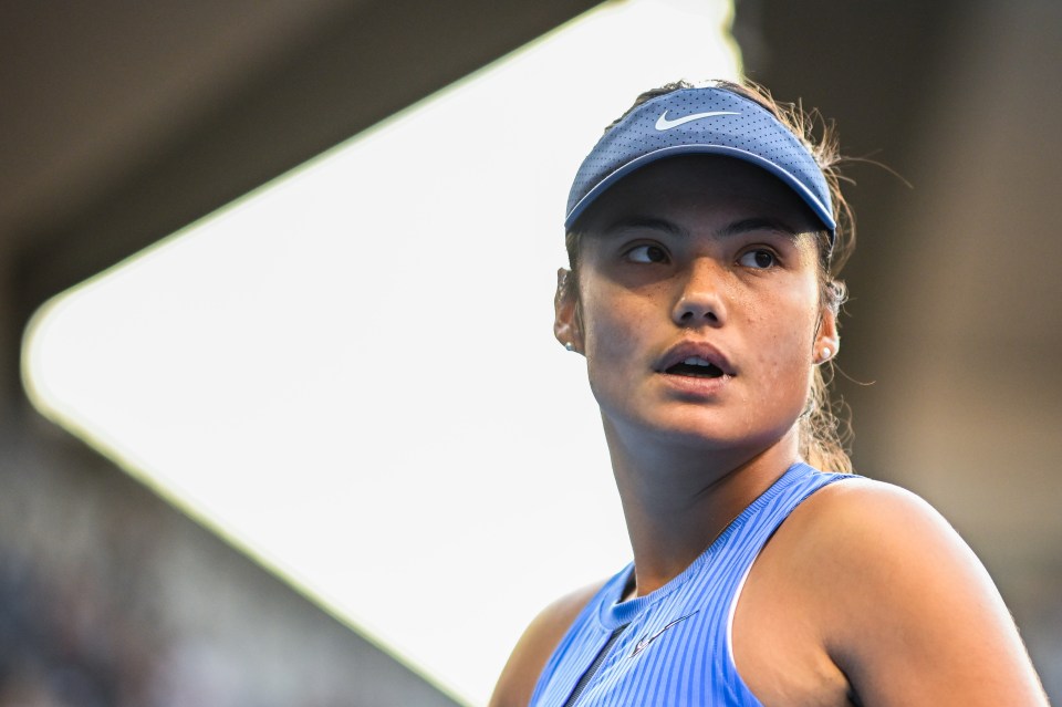 Emma Raducanu of Great Britain reacts during a tennis match.