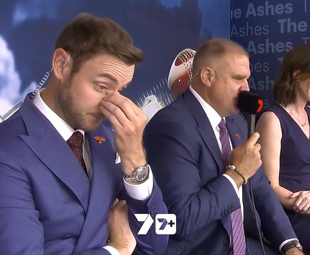 Vision of Broad's uncomfortable moment with co-star Matthew Hayden (right) went viral