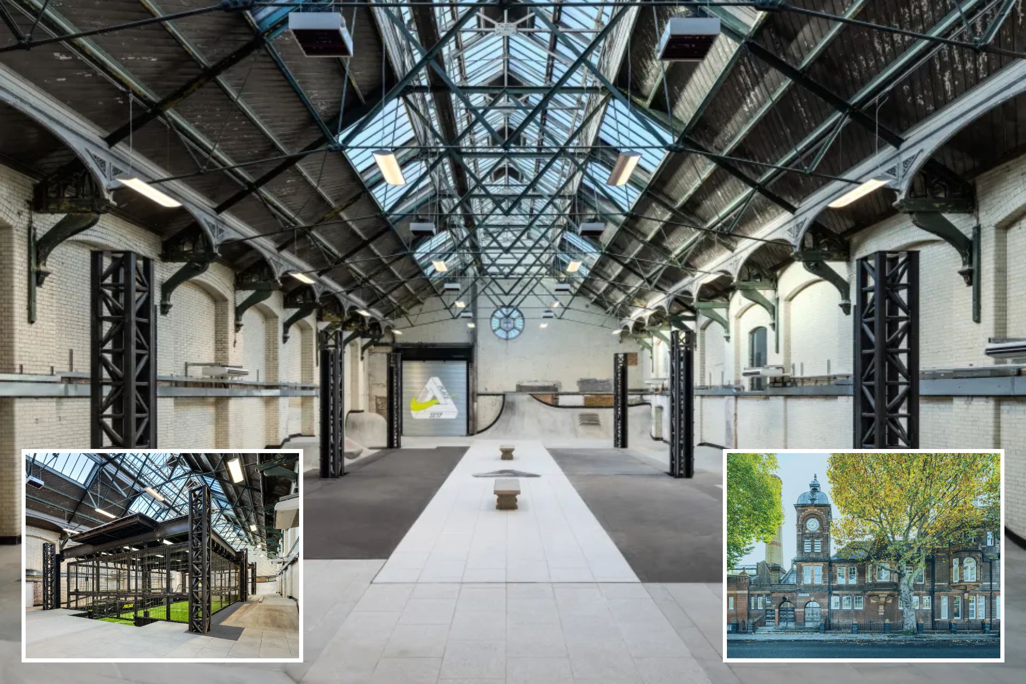 An image collage containing 3 images, Image 1 shows Interior view of the Nike and Palace London Hub for Sport, Creativity, and Community, featuring a skatepark with ramps and a Palace logo on a rollup door, Image 2 shows Interior of Manor Place, a Nike and Palace London hub with an indoor football pitch and skatepark, Image 3 shows The Manor Place building in London, with a clock tower and a sign that reads "Manor Place SW17", framed by two trees with autumn foliage