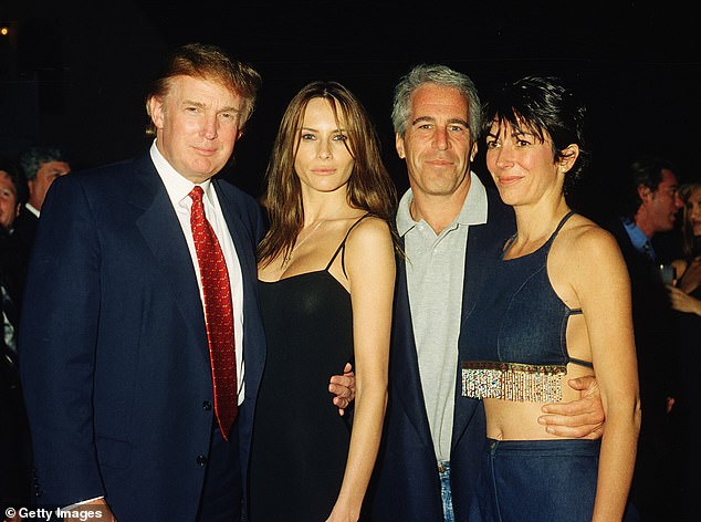 In one email, Epstein claimed that Trump 'knew about the girls', the two are seen here alongside Melania Trump and Epstein's madam Ghislaine Maxwell in February 2000