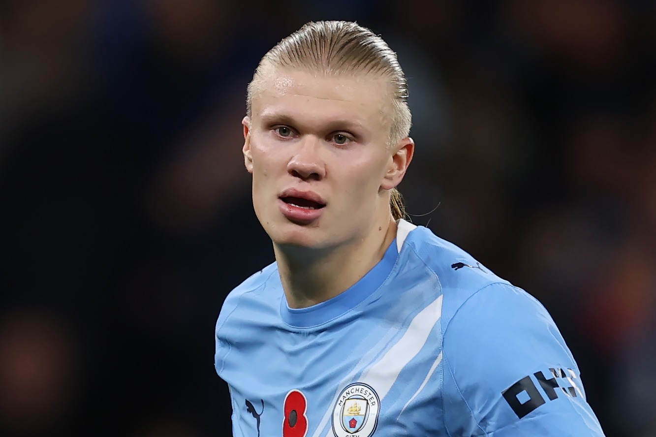 Erling Haaland of Manchester City looking on during a Premier League match.