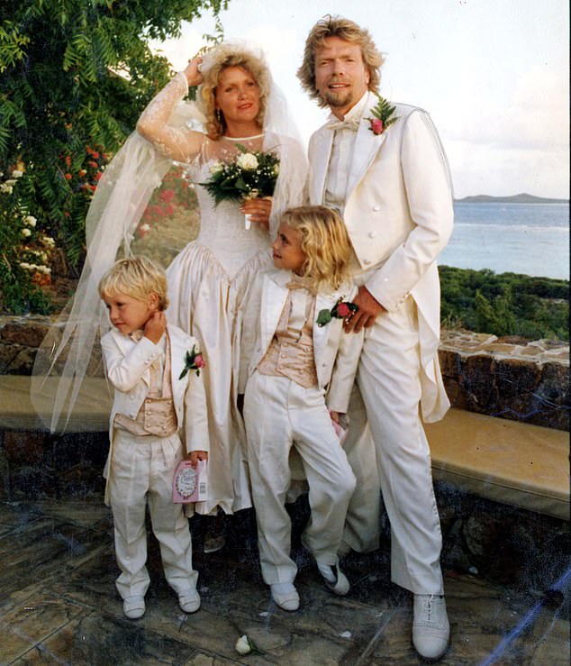 The pair pictured on their wedding day on Necker Island in 1989 with their children, Holly and Sam