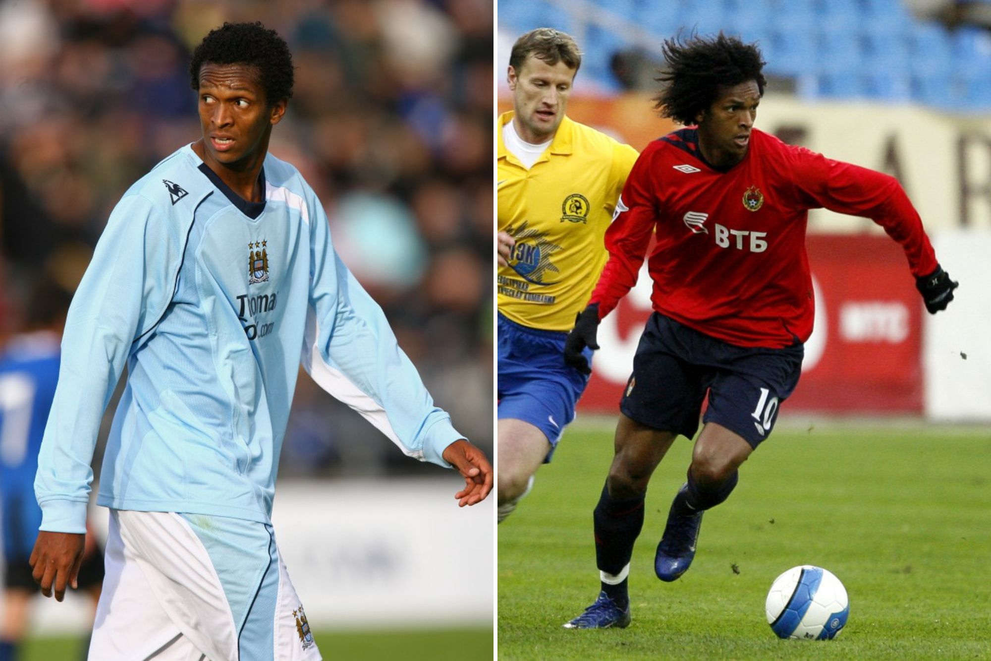 An image collage containing 2 images, Image 1 shows Jo Silva of Manchester City in a light blue jersey during a UEFA Cup match, Image 2 shows Jo of CSKA Moskva and Siarhei Shtaniuk of Luch-Energia vie for the ball