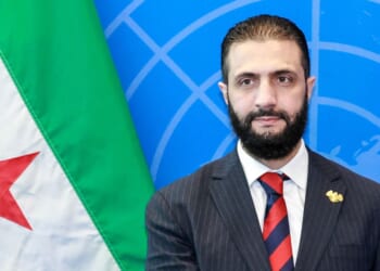 Syrian President Ahmed al-Sharaa visits with United Nations Secretary-General Antonio Guterres during the United Nations General Assembly in New York City on Sept. 24, 2025.