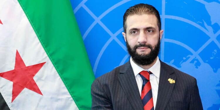 Syrian President Ahmed al-Sharaa visits with United Nations Secretary-General Antonio Guterres during the United Nations General Assembly in New York City on Sept. 24, 2025.