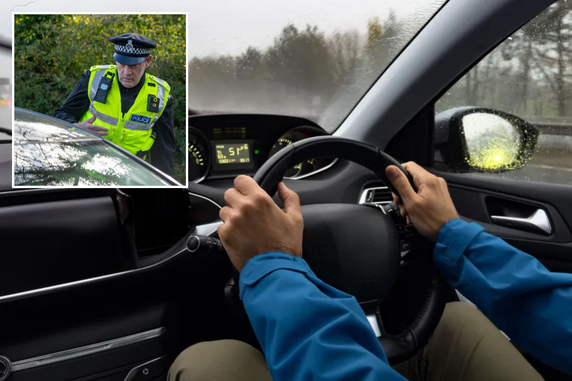 An image collage containing 2 images, Image 1 shows Man driving a right-hand-drive car on a rainy day, Image 2 shows UK police officer approaching a parked car