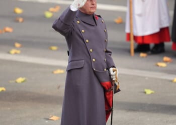 King Charles stared solemnly as he saluted in front of the Cenotaph to mark Remembrance Day