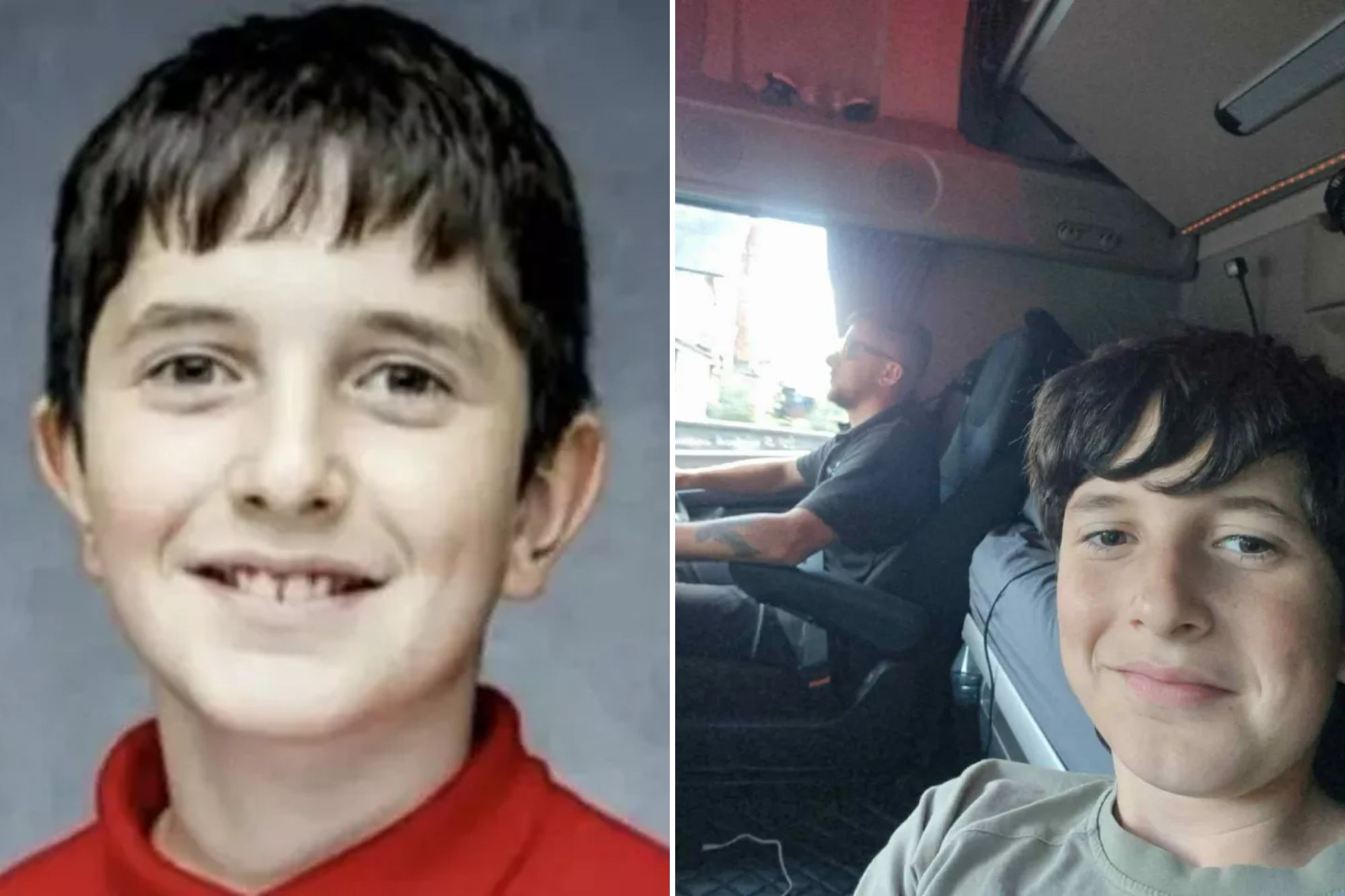 An image collage containing 2 images, Image 1 shows A young boy with short brown hair, a wide smile, and a red shirt, Image 2 shows A boy in the foreground taking a selfie with a man driving a truck in the background