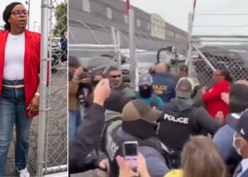 Rep. LaMonica McIver, a New Jersey Democrat, is pictured May 9 struggling against immigration agents, right, and exiting the grounds, left, at Delaney Hall, an ICE detention facility in Newark, New Jersey.