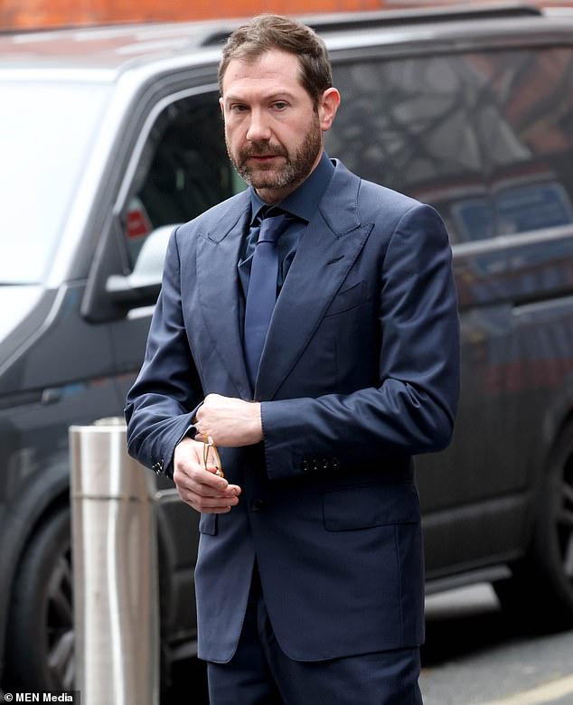 Film producer Kevin Proctor, pictured outside Manchester magistrates' court on Thursday, hired private investigators to track a Hollyoaks actress after she ended their 'toxic' relationship