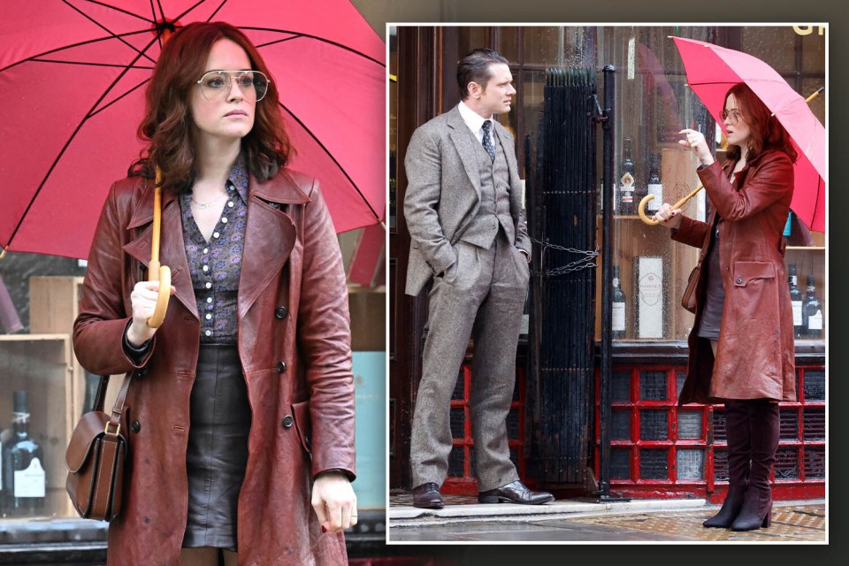 Collage of Claire Foy holding a red umbrella in a brown leather coat and glasses, and her on the right talking to a man.