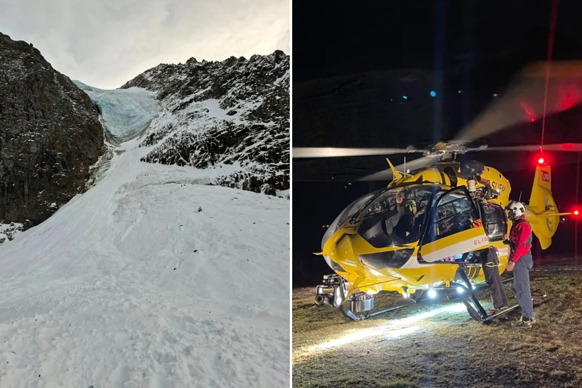 An image collage containing 2 images, Image 1 shows Site where mountaineers were hit by an avalanche in the Ortler mountains, Italy, Image 2 shows Rescuers with a helicopter prepare for rescue operations in search of five mountaineers