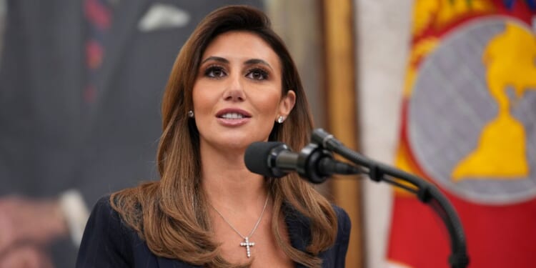 White House Presidential Counselor Alina Habba delivers remarks before being sworn in as the interim U.S. Attorney for New Jersey in the Oval Office at the White House on March 28, 2025, in Washington, D.C.