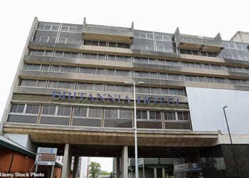 Britannia Hotel in Coventry is known for its Brutalist architecture, built in 1973, which spans Fairfax Street