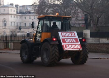 One tractor sign read today, 'Fools vote Labour', as farmers take a stand against inheritance tax