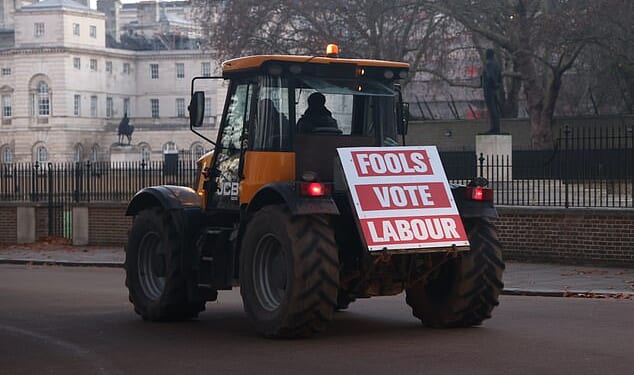 One tractor sign read today, 'Fools vote Labour', as farmers take a stand against inheritance tax