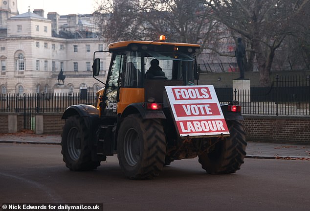 One tractor sign read today, 'Fools vote Labour', as farmers take a stand against inheritance tax