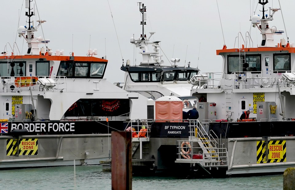 Border Force vessels "BF Typhoon Ramsgate" and another Border Force boat with "RESCUE ZONE" markings.