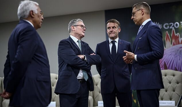 Sir Keir Starmer and other European leaders set themselves on a collision course with Donald Trump last night after rejecting the US President¿s peace plan to end the war in Ukraine. Pictured left to right: European Council President Antonio Costa, Keir Starmer, French President Emmanuel Macron and Finnish President Alexander Stubb
