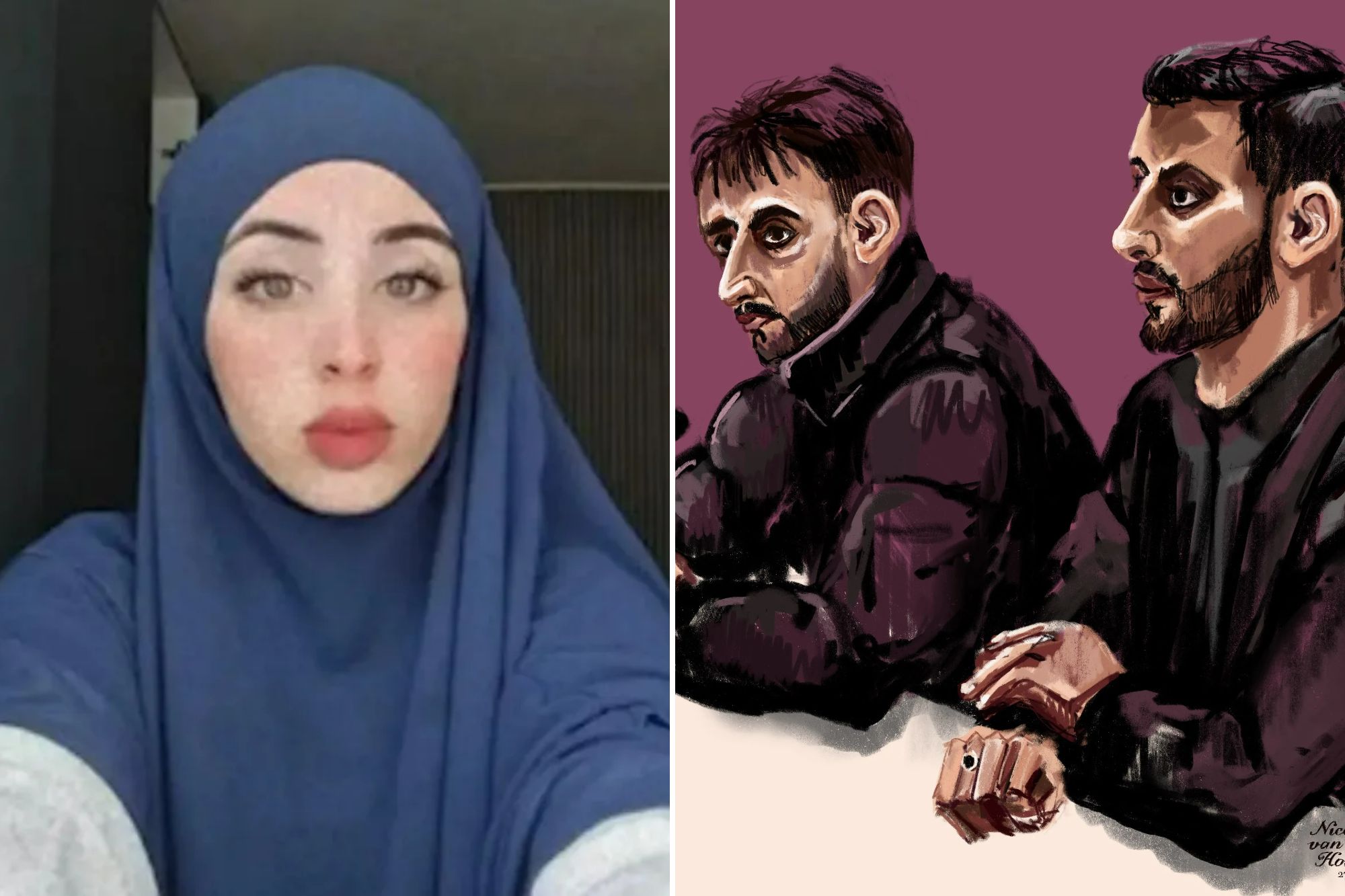 An image collage containing 2 images, Image 1 shows NINTCHDBPICT001041672942, Image 2 shows Court Drawing: Brothers and Father Suspected of Murdering Ryan Al Najjar From Joure - 27 Nov 2025