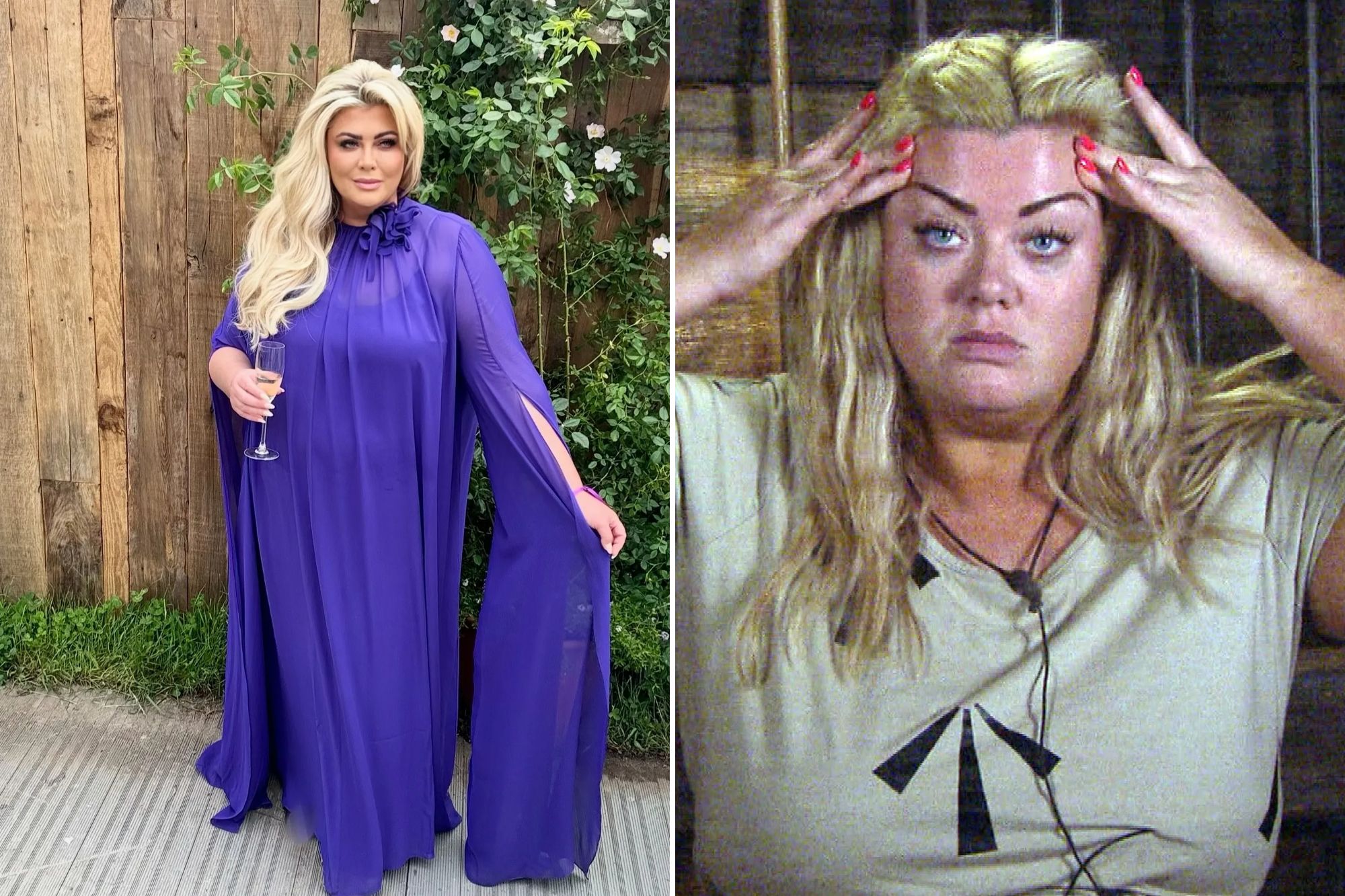 An image collage containing 1 images, Image 1 shows Gemma Collins at Chelsea Flower Show holding a glass of champagne