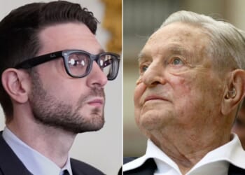 President Donald Trump has called for investigations into leftist billionaire George Soros, right, and his son, Alex Soros.
