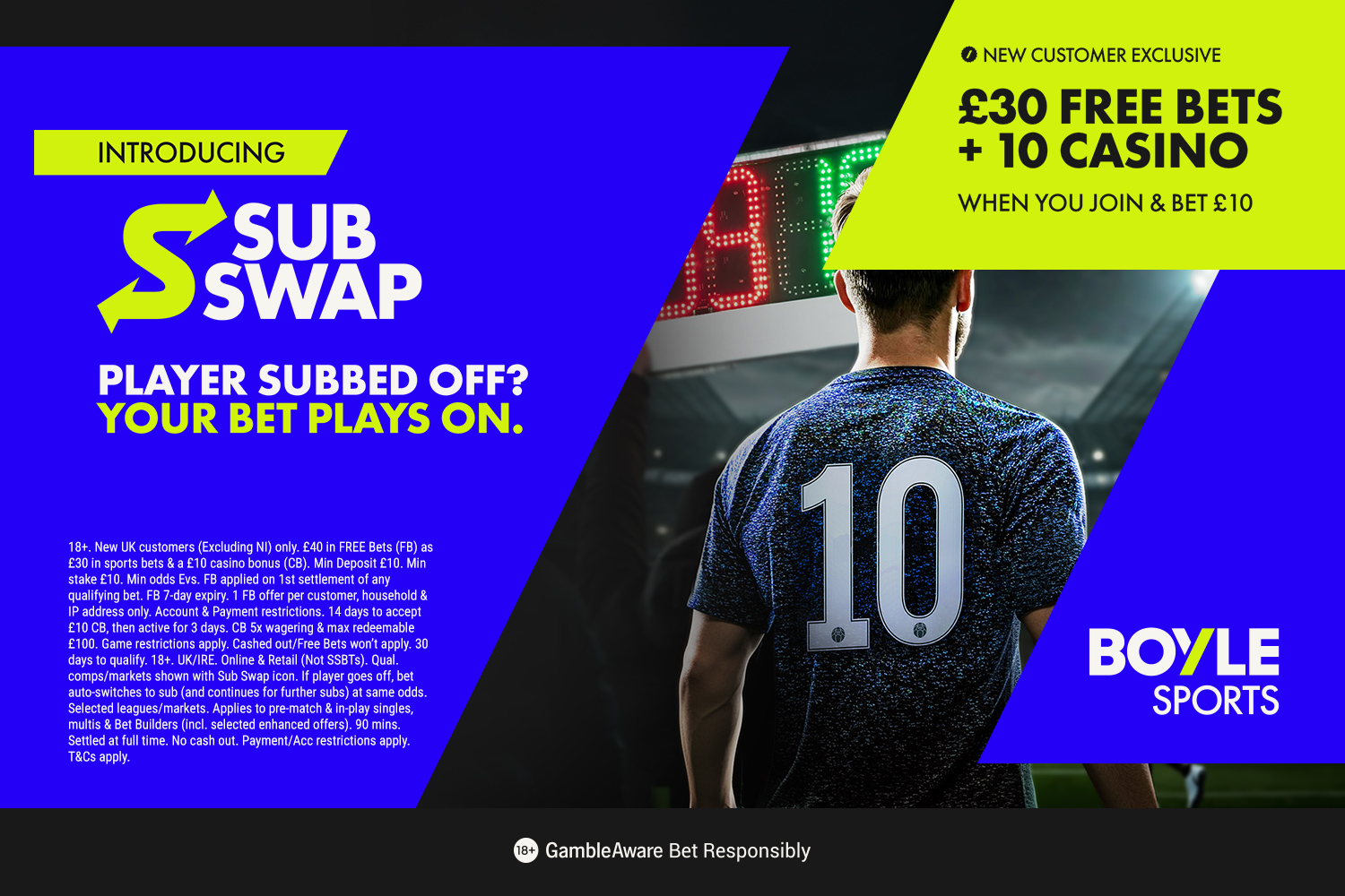 A soccer player with the number 10 on his jersey stands with his back to the viewer, facing a scoreboard, next to text introducing BoyleSports' "Sub Swap" betting feature and a new customer offer of "£30 Free Bets + £10 Casino".