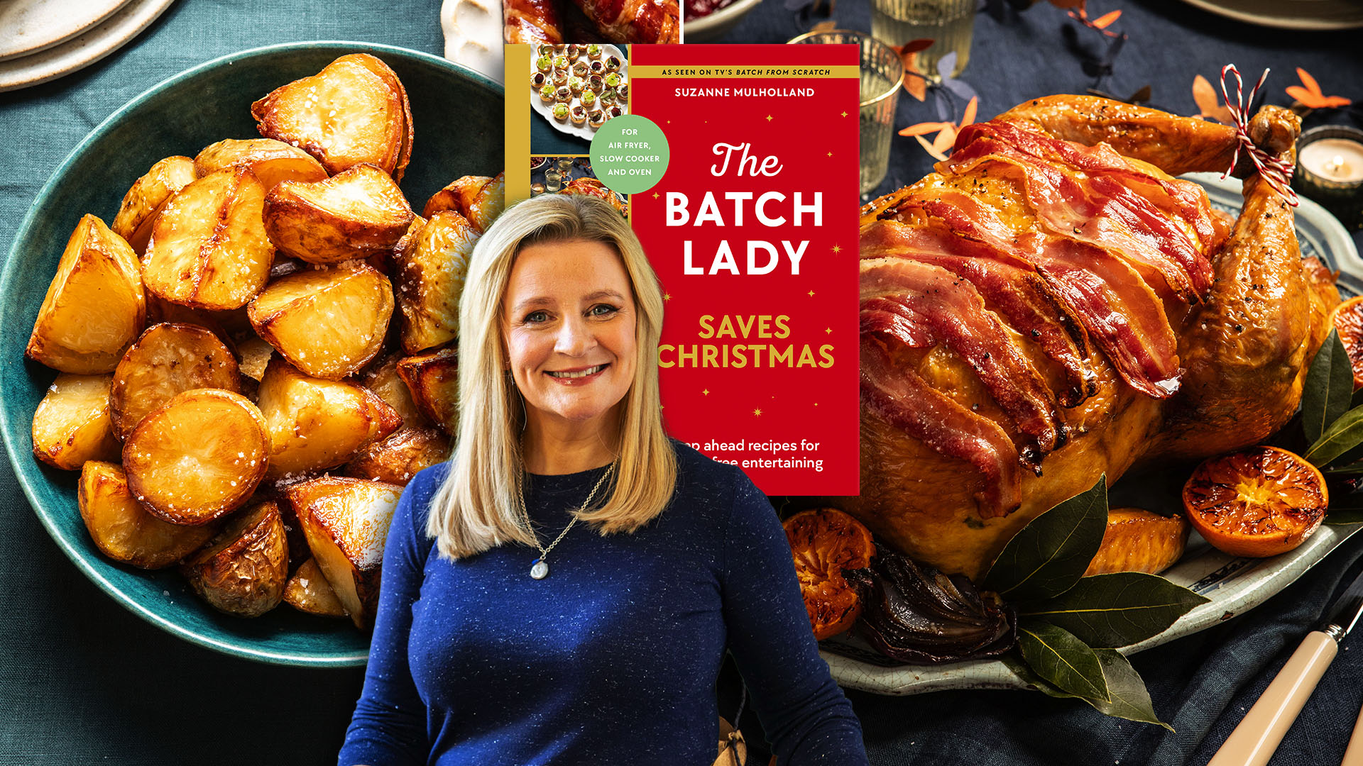 Collage of Suzanne Mulholland, her cookbook "The Batch Lady Saves Christmas", roast potatoes, and a turkey wrapped in bacon.
