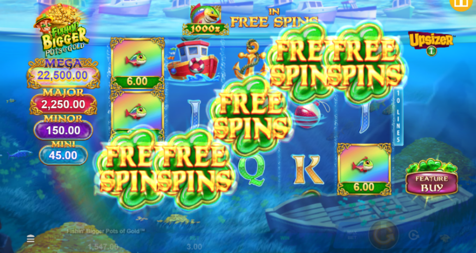 Illustration of the "Fishin' Bigger Pots of Gold" slot machine game in free spins mode, displaying various jackpot amounts and a "Feature Buy" button.