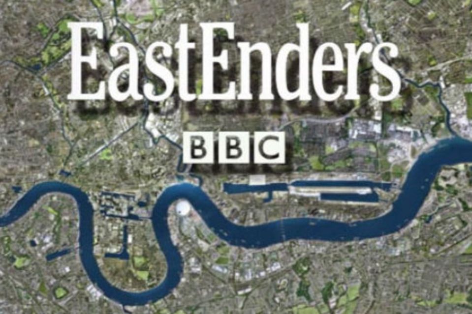 An image collage containing 1 images, Image 1 shows Logo for the show "EastEnders" from BBC over an aerial view of a city with a river