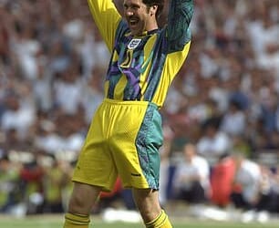 Football thrills: David Seaman celebrates while playing for England at Wembley in 1996