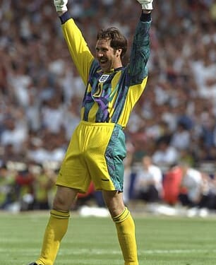 Football thrills: David Seaman celebrates while playing for England at Wembley in 1996