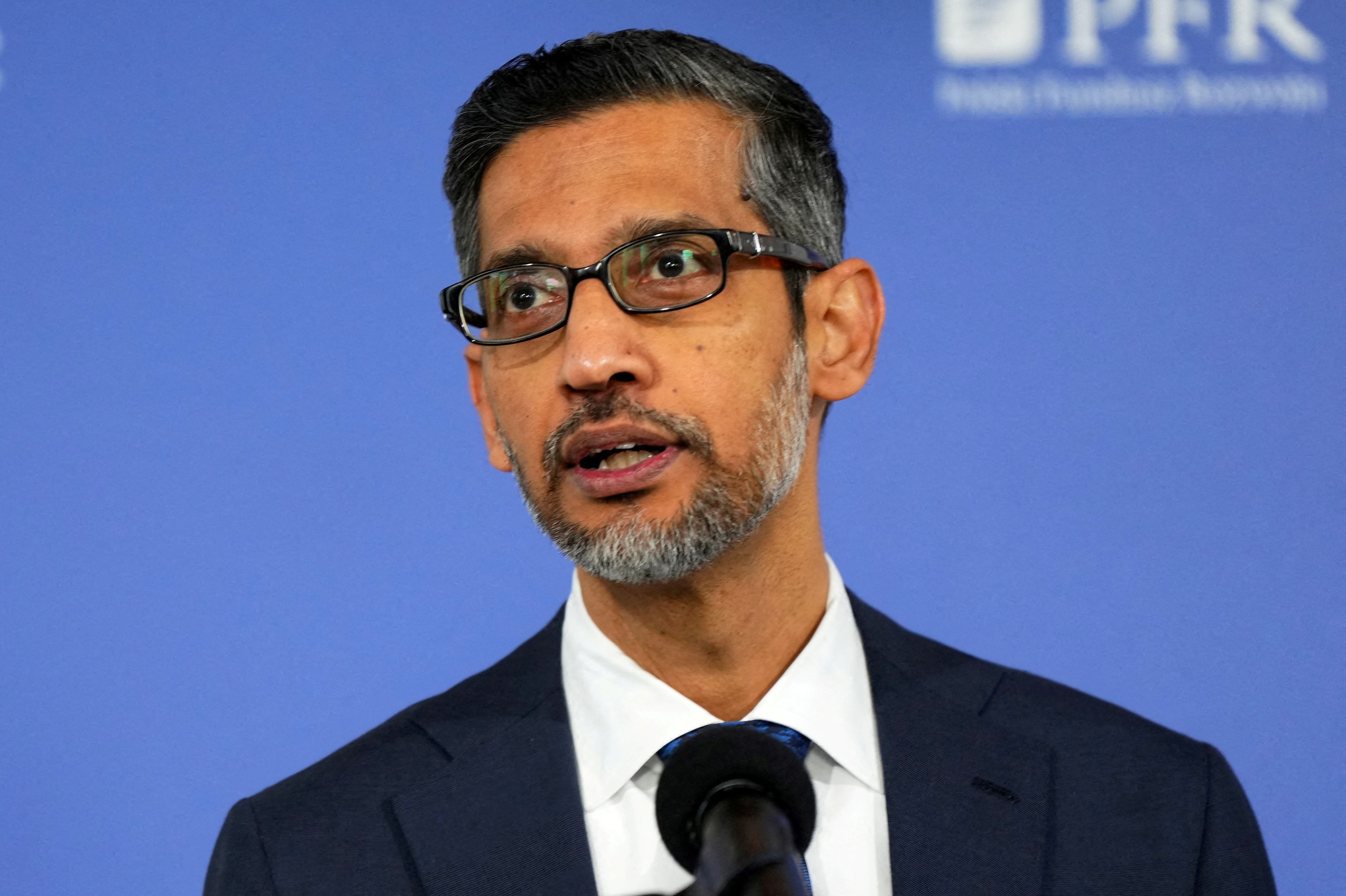 Alphabet and Google CEO Sundar Pichai speaks to media.