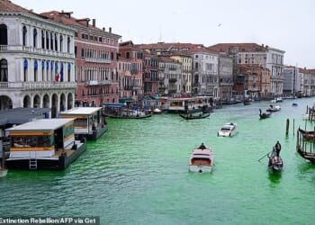 Venice's Grand Canal after being dyed green by Extinction Rebellion. It was one of 10 Italian cities targeted