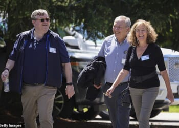Disgraced Harvard economist Larry Summers (pictured center with Reid Hoffman in 2022) spent his honeymoon with Elisa New (pictured right) one of the school's English professors on billionaire pedophile Jeffrey Epstein's private island